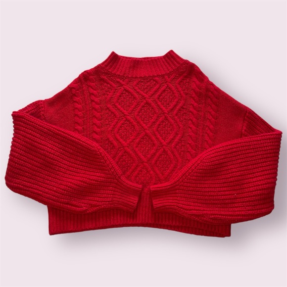Kaari Blue Red Cable-Knit Cropped Cowlneck Sweater - Picture 2 of 8